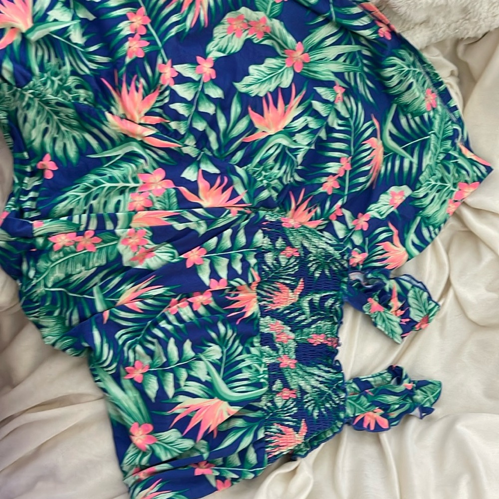 Tropical bird of paradise jersey fabric dress aprox Large youth 10-12